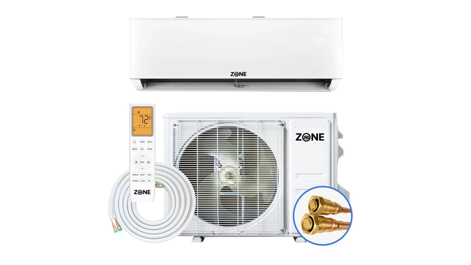 Zone Air 115V DIY mini split kit with the white wall-mounted indoor unit, outdoor condenser, remote and a coiled pre-charged line set with brass quick-connect fittings