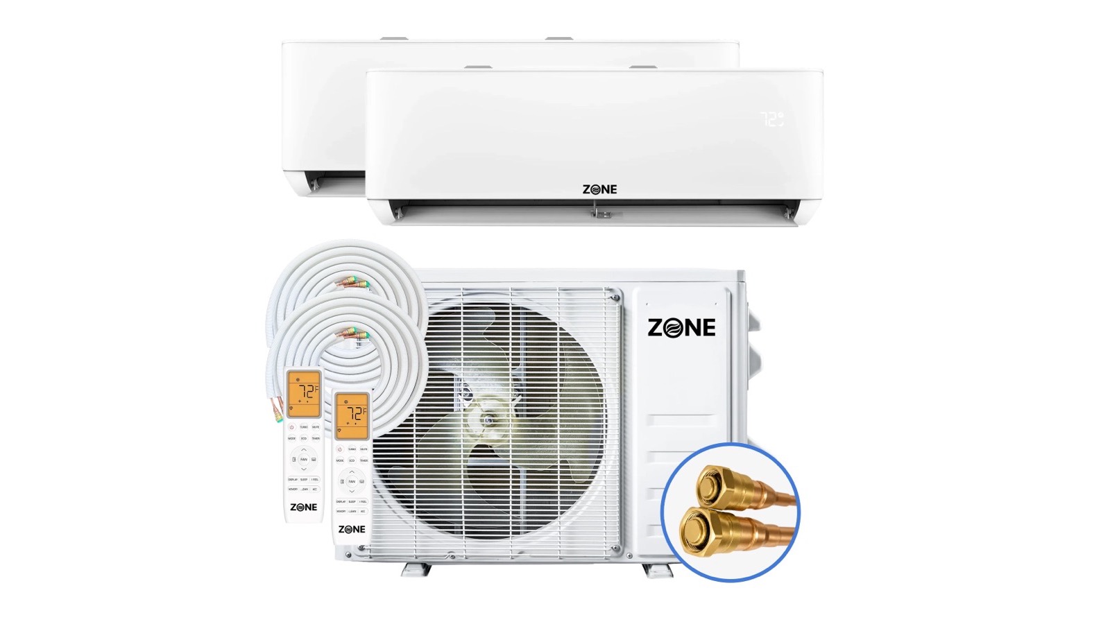 Dual zone DIY mini split kit with one outdoor condenser, two wall mount indoor units, two pre-charged line sets and two remotes