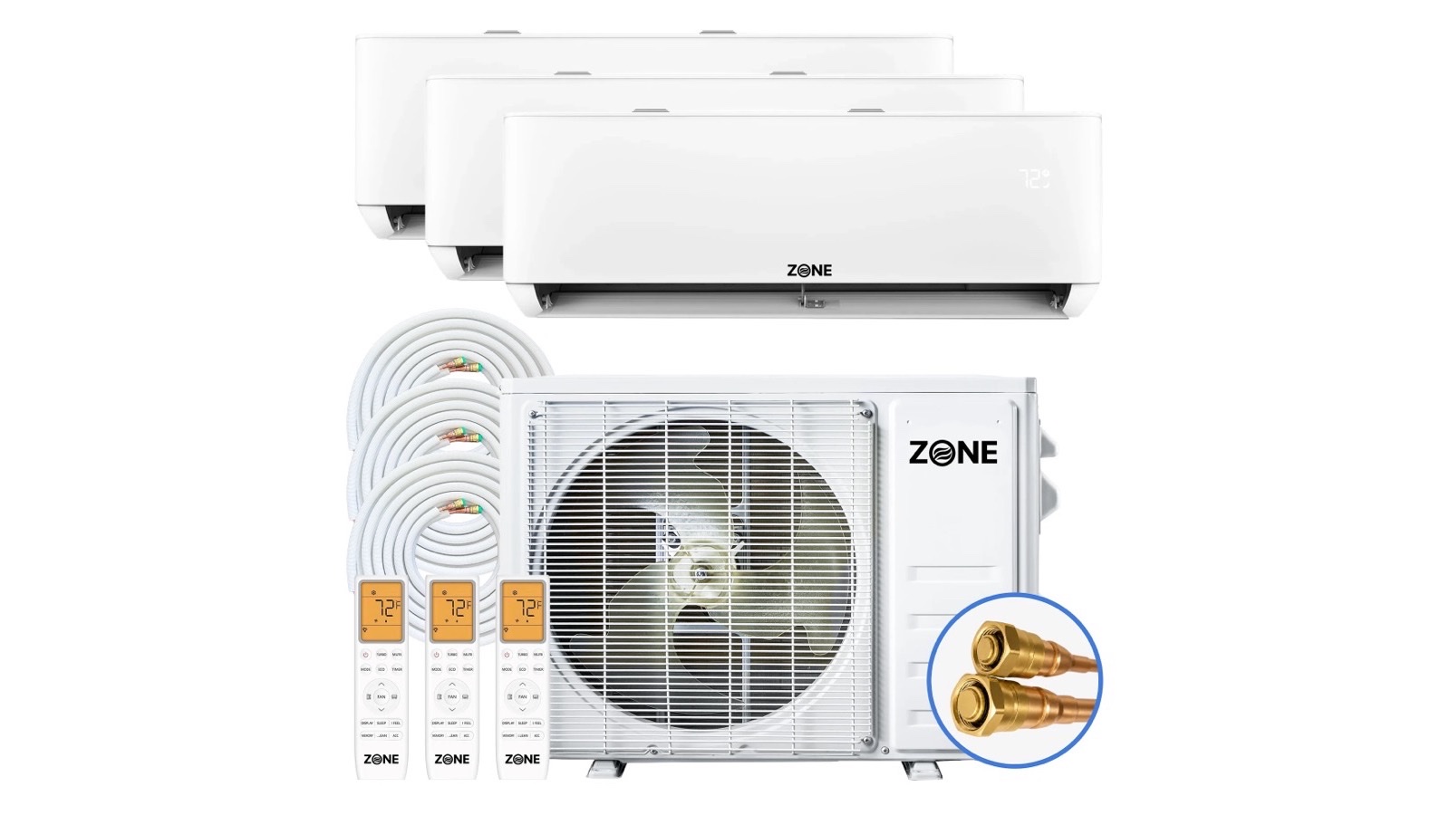 Zone Air 3-zone DIY mini split kit: three wall mount indoor units, one outdoor condenser, coiled pre-charged line sets and quick connect fittings
