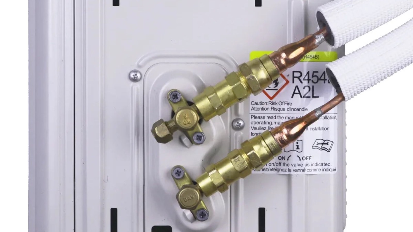 Pre-charged quick connect line set couplers tightened onto the service valves of a mini split condenser, no vacuum pump needed