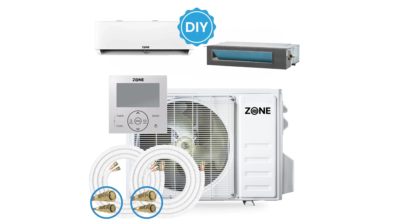 Zone Air multi zone DIY mini split kit with a wall mount head and a concealed duct unit on one outdoor condenser, two coiled pre-charged line sets and quick connect fittings
