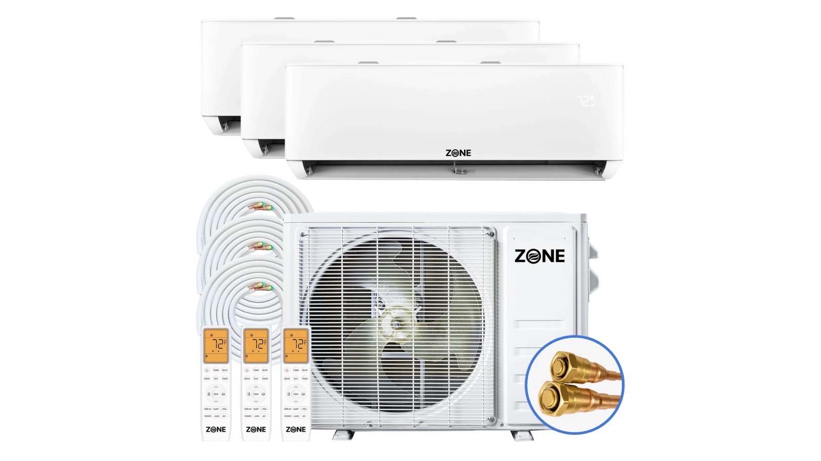 3 zone mini split DIY kit with a Zone Air 27K outdoor unit, three wall mount heads and pre-charged quick-connect line sets