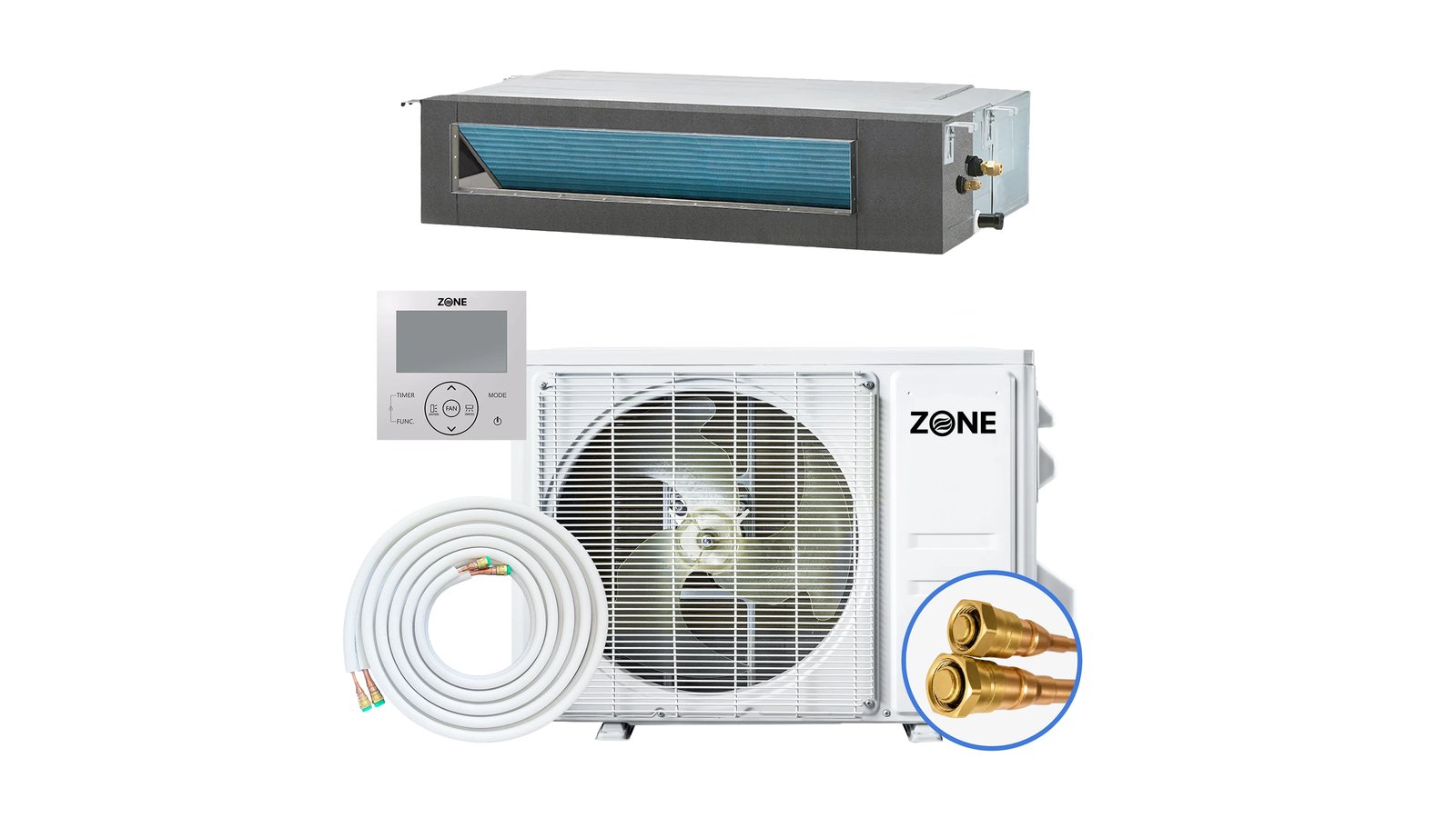 Zone Air Thin-Air slim concealed ducted air handler shown with its outdoor unit, wired wall controller and a coiled pre-charged line set with brass quick-connect fittings, the parts of a do-it-yourself hidden duct mini split