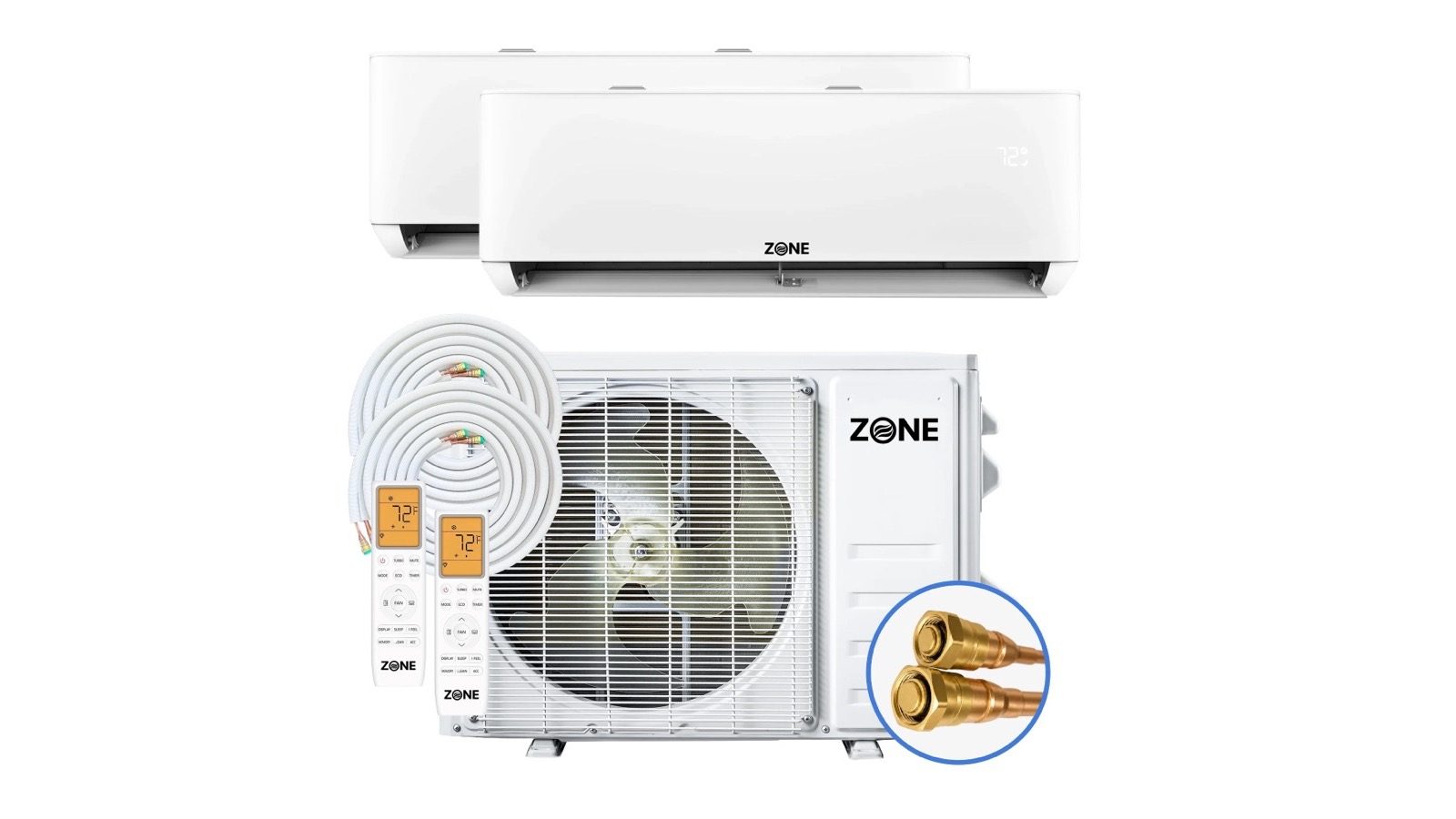 ZONE dual-zone mini-split system with two indoor units, outdoor condenser, remotes, and line sets, showing components that affect florida new ac unit cost